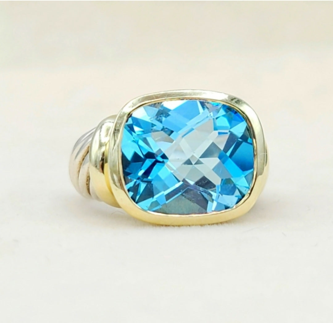 David Yurman Large Noblesse Ring With Blue Topaz And Gold