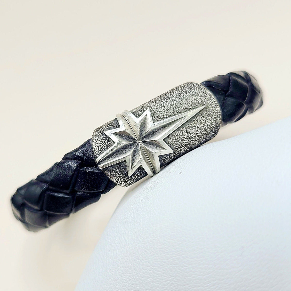 David Yurman Maritime North Star ID Bracelet Sterling Silver Black Leather 12.5mm Medium