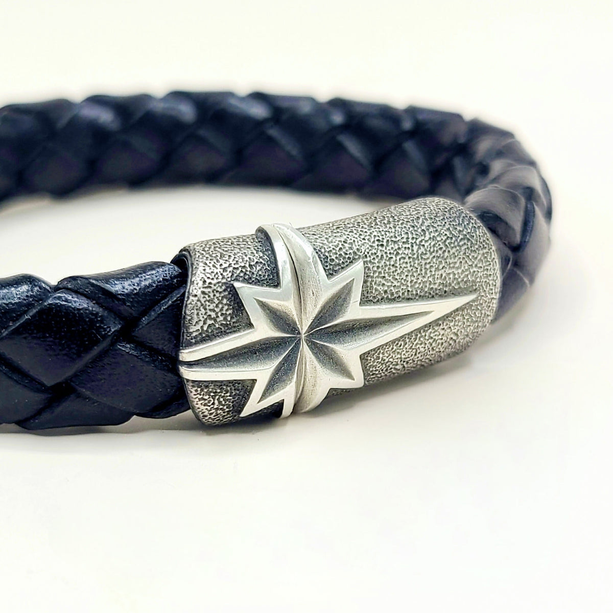 David Yurman Maritime North Star ID Bracelet Sterling Silver Black Leather 12.5mm Medium
