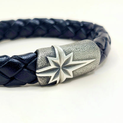 David Yurman Maritime North Star ID Bracelet Sterling Silver Black Leather 12.5mm Medium