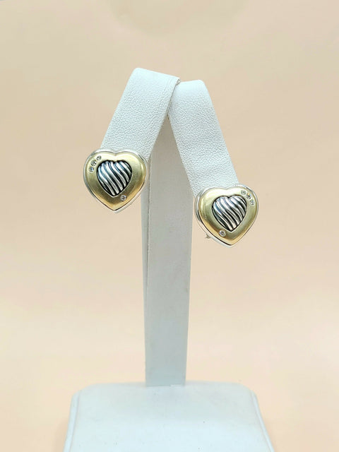 David Yurman Metro Sculpted Heart Diamond Earrings Sterling Silver 18K Gold 17mm
