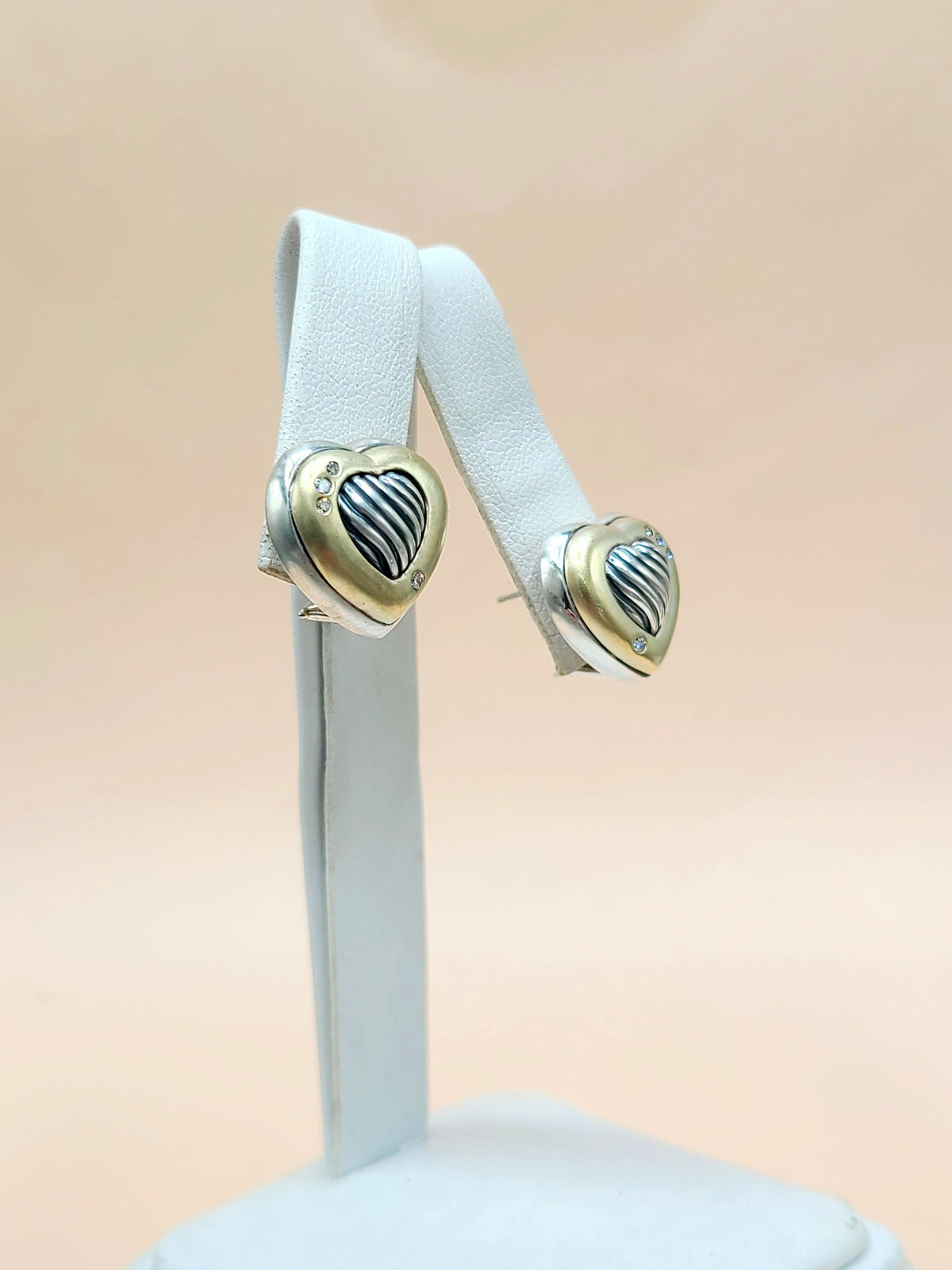 David Yurman Metro Sculpted Heart Diamond Earrings Sterling Silver 18K Gold 17mm