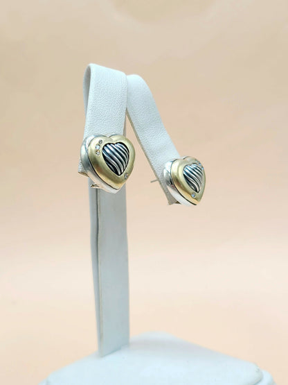 David Yurman Metro Sculpted Heart Diamond Earrings Sterling Silver 18K Gold 17mm