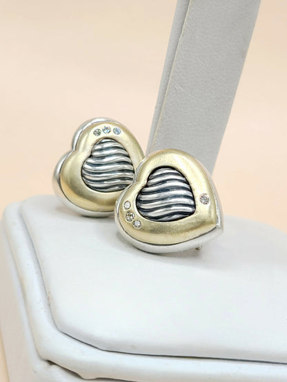 David Yurman Metro Sculpted Heart Diamond Earrings Sterling Silver 18K Gold 17mm