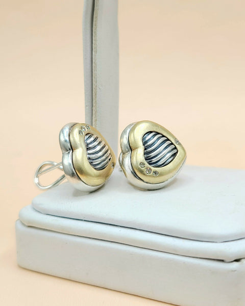 David Yurman Metro Sculpted Heart Diamond Earrings Sterling Silver 18K Gold 17mm