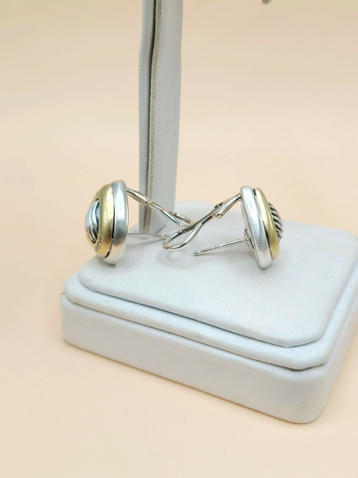 side view David Yurman Metro Sculpted Heart Diamond Earrings Sterling Silver 18K Gold 17mm