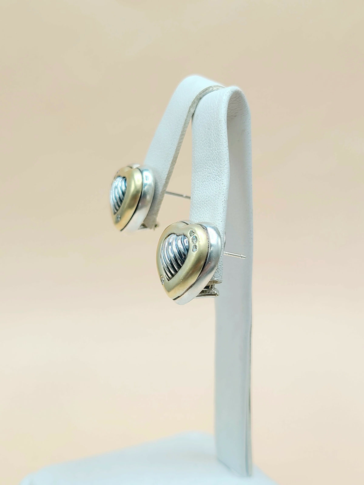 side view David Yurman Metro Sculpted Heart Diamond Earrings Sterling Silver 18K Gold 17mm