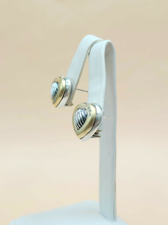side view David Yurman Metro Sculpted Heart Diamond Earrings Sterling Silver 18K Gold 17mm