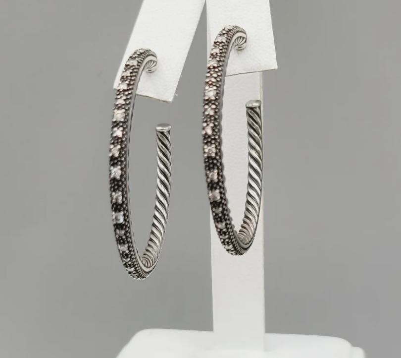 David Yurman Midnight Mélange Large Diamond Hoop Earrings Sterling Silver 0.60 TCW 41mm