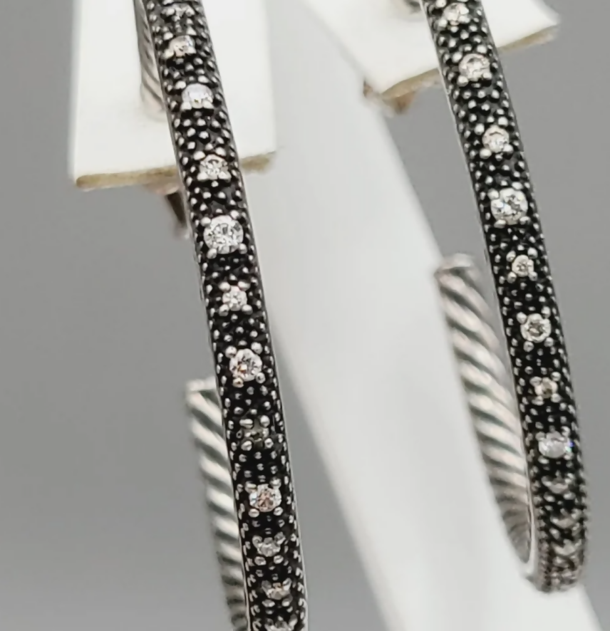 David Yurman Midnight Mélange Large Diamond Hoop Earrings Sterling Silver 0.60 TCW 41mm