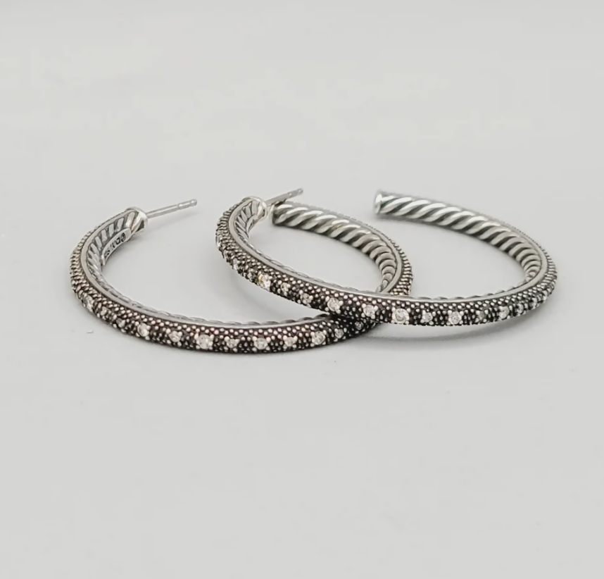 David Yurman Midnight Mélange Large Diamond Hoop Earrings Sterling Silver 0.60 TCW 41mm