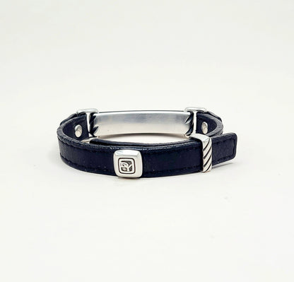 David Yurman Modern Cable Leather ID Bracelet Sterling Silver Black Leather 10.5mm Medium