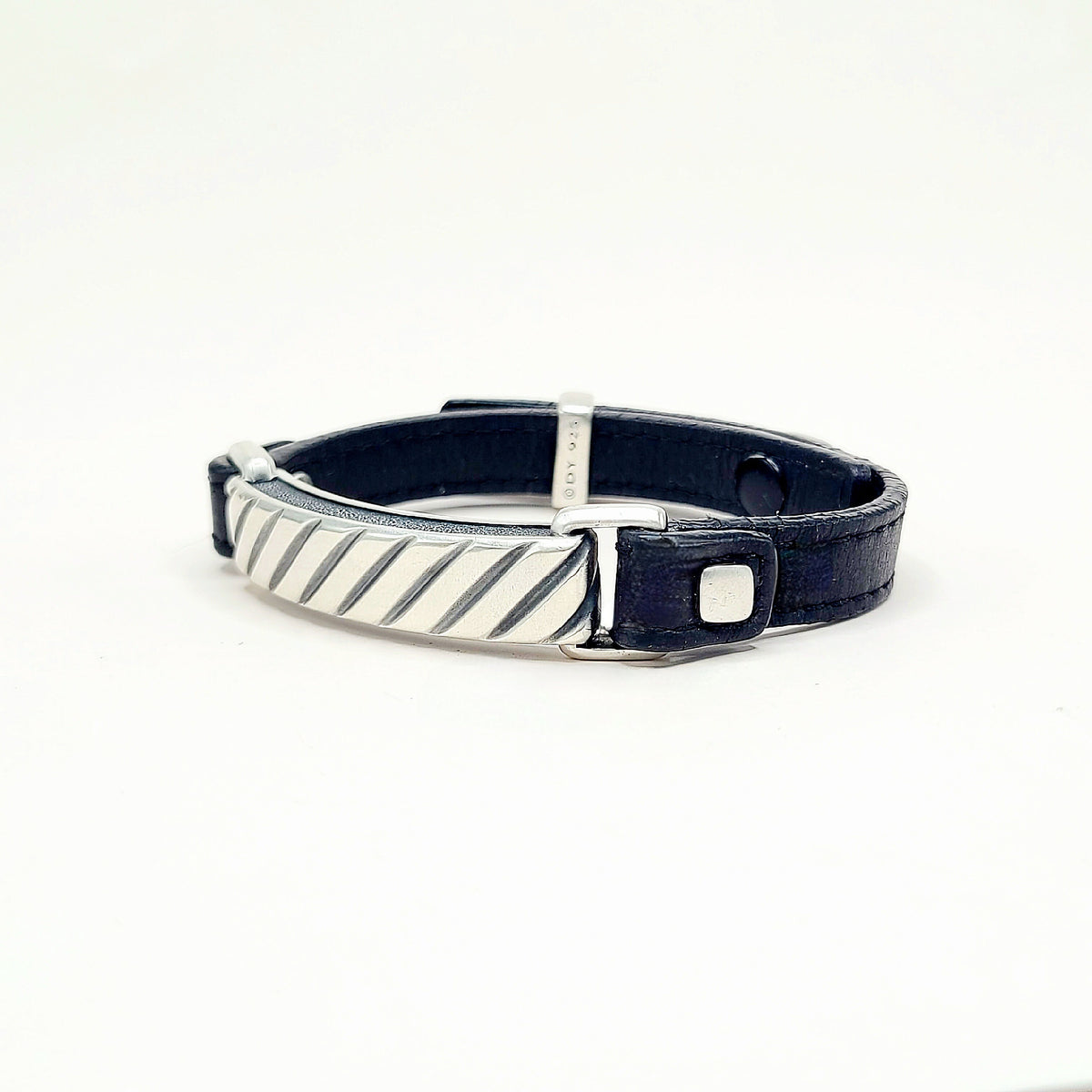 David Yurman Modern Cable Leather ID Bracelet Sterling Silver Black Leather 10.5mm Medium
