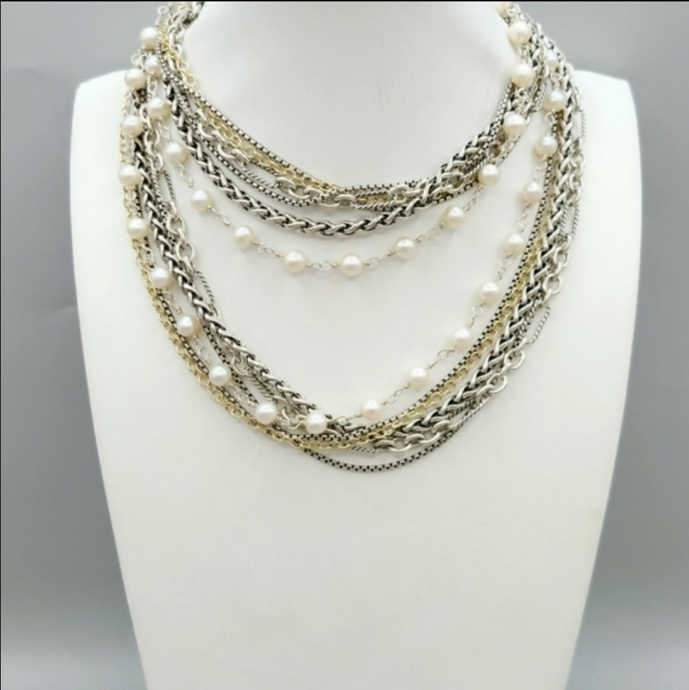 David Yurman Multi Chain Pearl Necklace With Gold, 28"