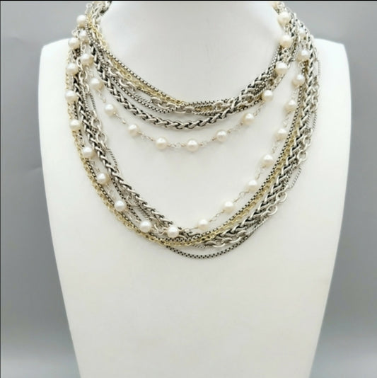 David Yurman Multi Chain Pearl Necklace With Gold, 28"