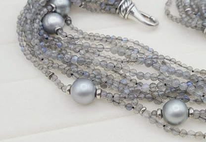 close up of David Yurman Multi Strand Necklace With Labradorite And Gray Pearls