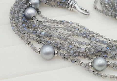 close up of David Yurman Multi Strand Necklace With Labradorite And Gray Pearls