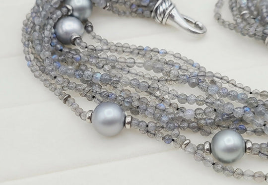 close up of David Yurman Multi Strand Necklace With Labradorite And Gray Pearls