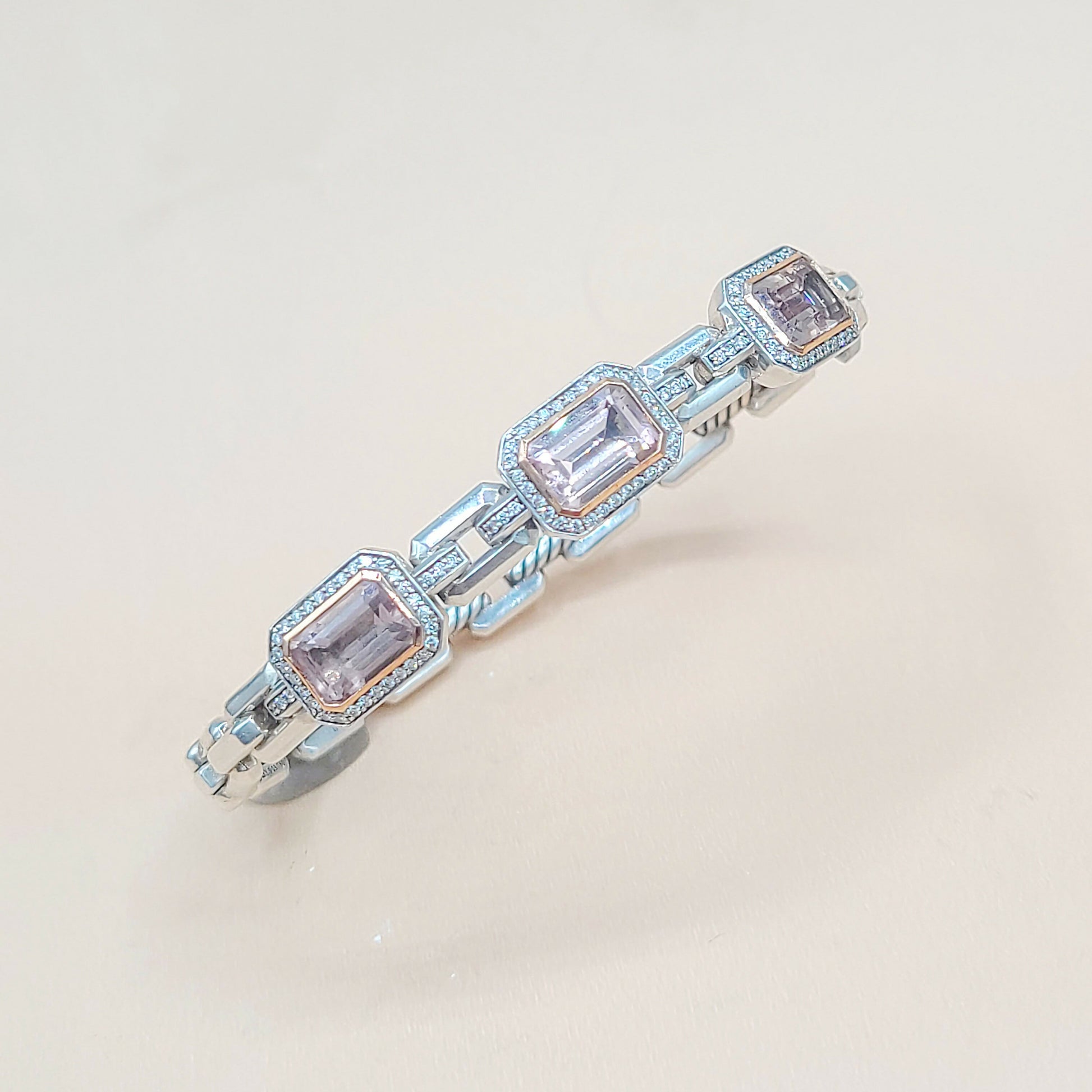    David Yurman Novella Morganite Diamond Rose Gold Silver Bracelet