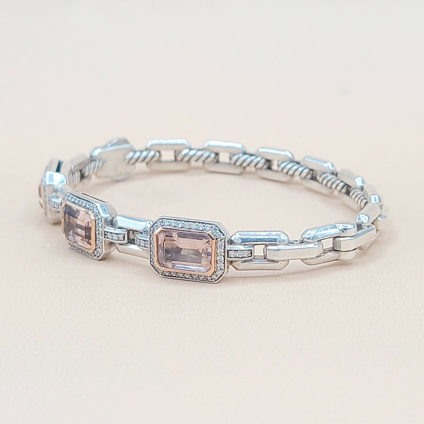    David Yurman Novella Morganite Diamond Rose Gold Silver Bracelet