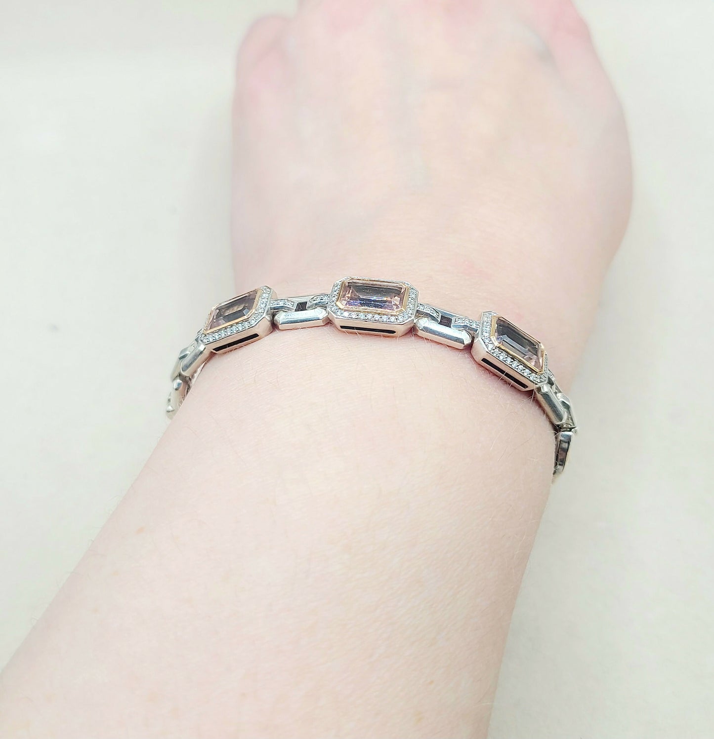    David Yurman Novella Morganite Diamond Rose Gold Silver Bracelet