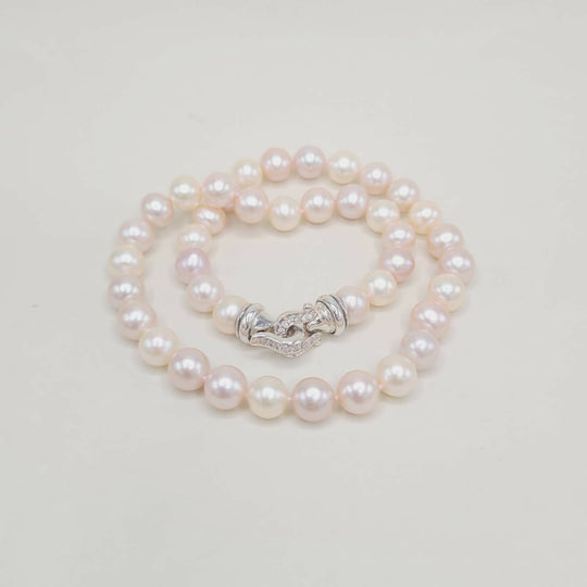Pearl necklace with a silver clasp on a light gray background