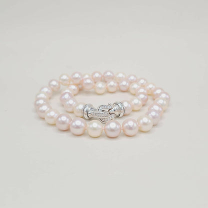 Pearl bracelet with a silver clasp on a light gray background
