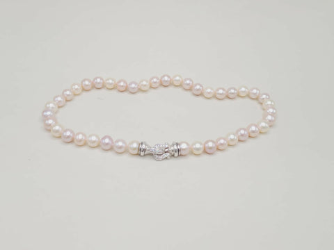 Pearl bracelet with a silver clasp on a light gray background