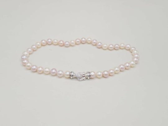 Pearl bracelet with a silver clasp on a light gray background