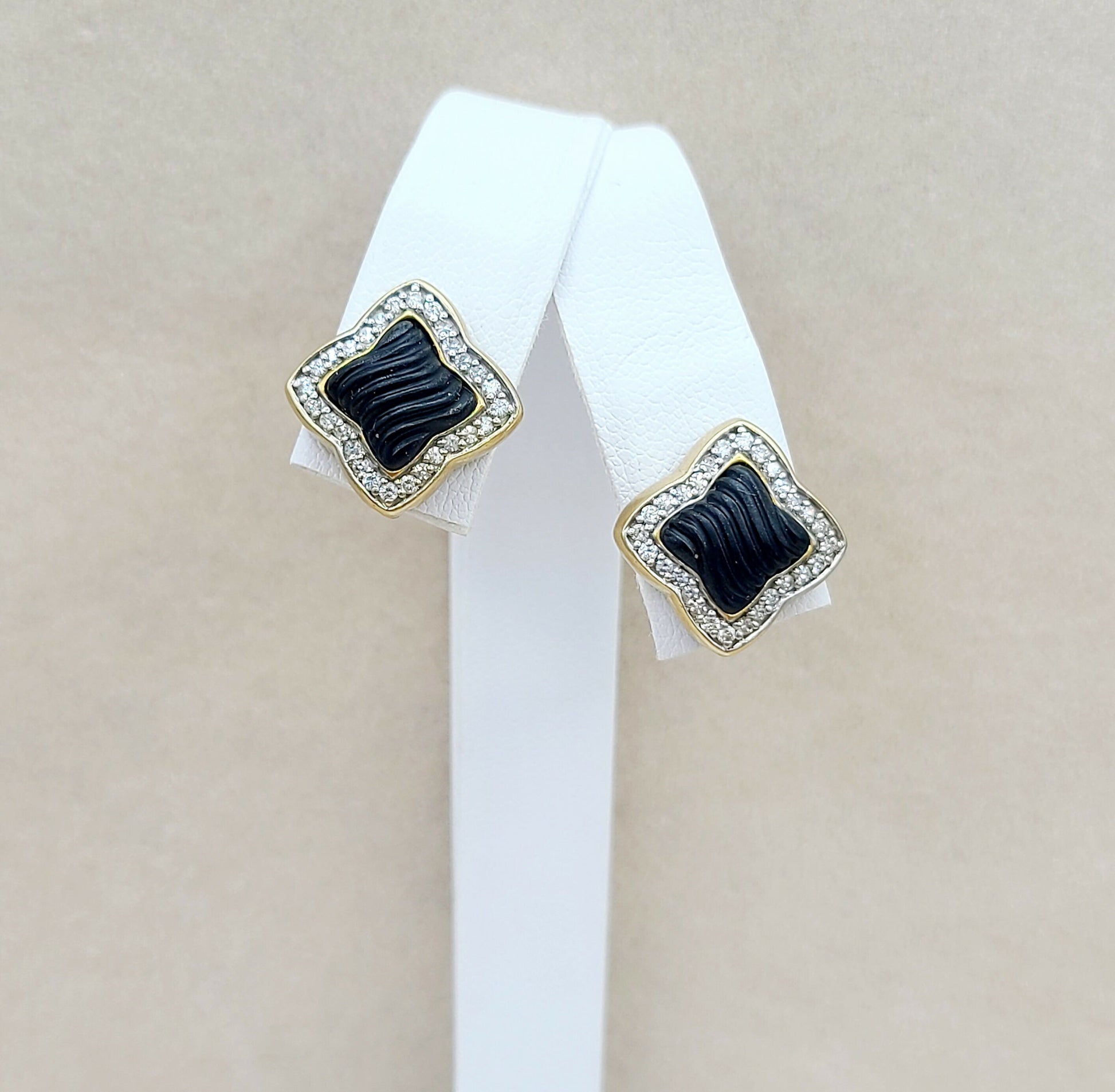 David Yurman Quatrefoil Carved Black Onyx Diamond Earrings in Solid 18k Gold