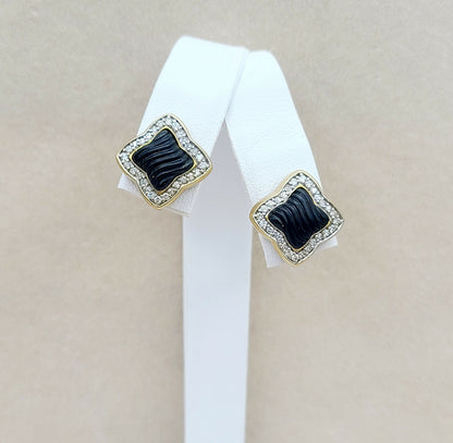 David Yurman Quatrefoil Carved Black Onyx Diamond Earrings in Solid 18k Gold