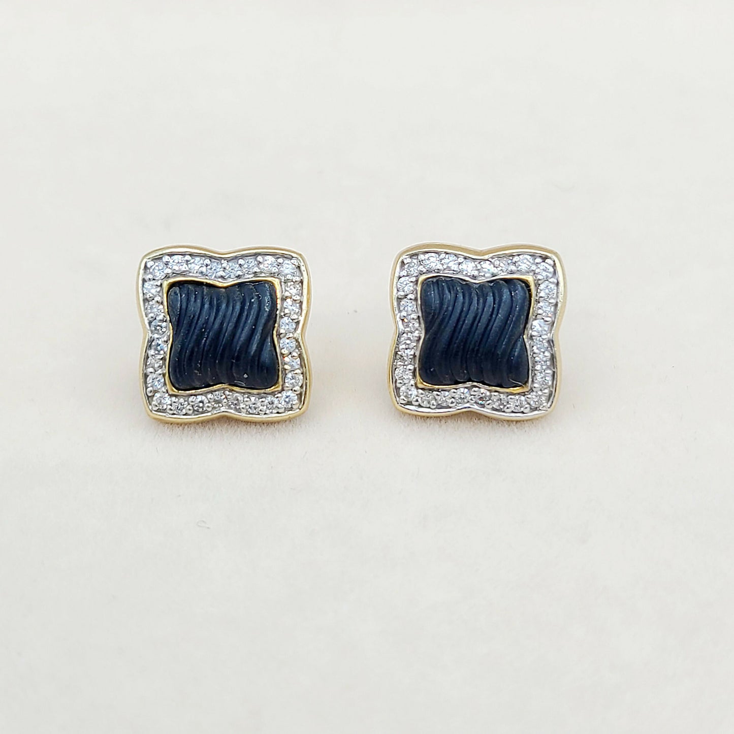 David Yurman Quatrefoil Carved Black Onyx Diamond Earrings in Solid 18k Gold
