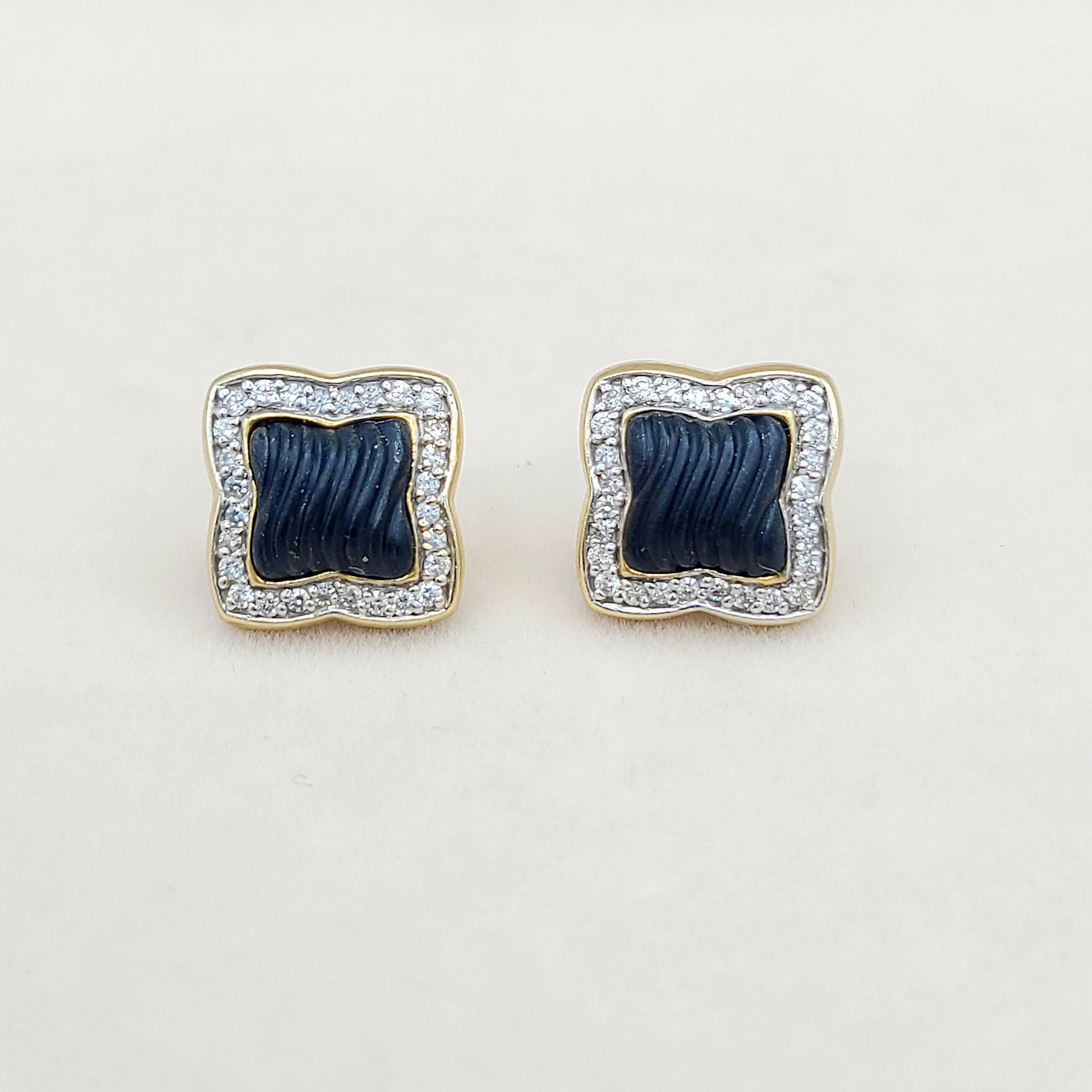 David Yurman Quatrefoil Carved Black Onyx Diamond Earrings in Solid 18k Gold