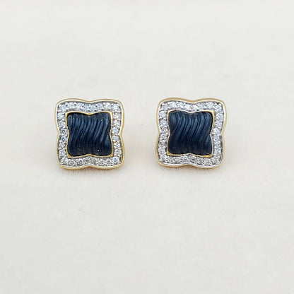 David Yurman Quatrefoil Carved Black Onyx Diamond Earrings in Solid 18k Gold