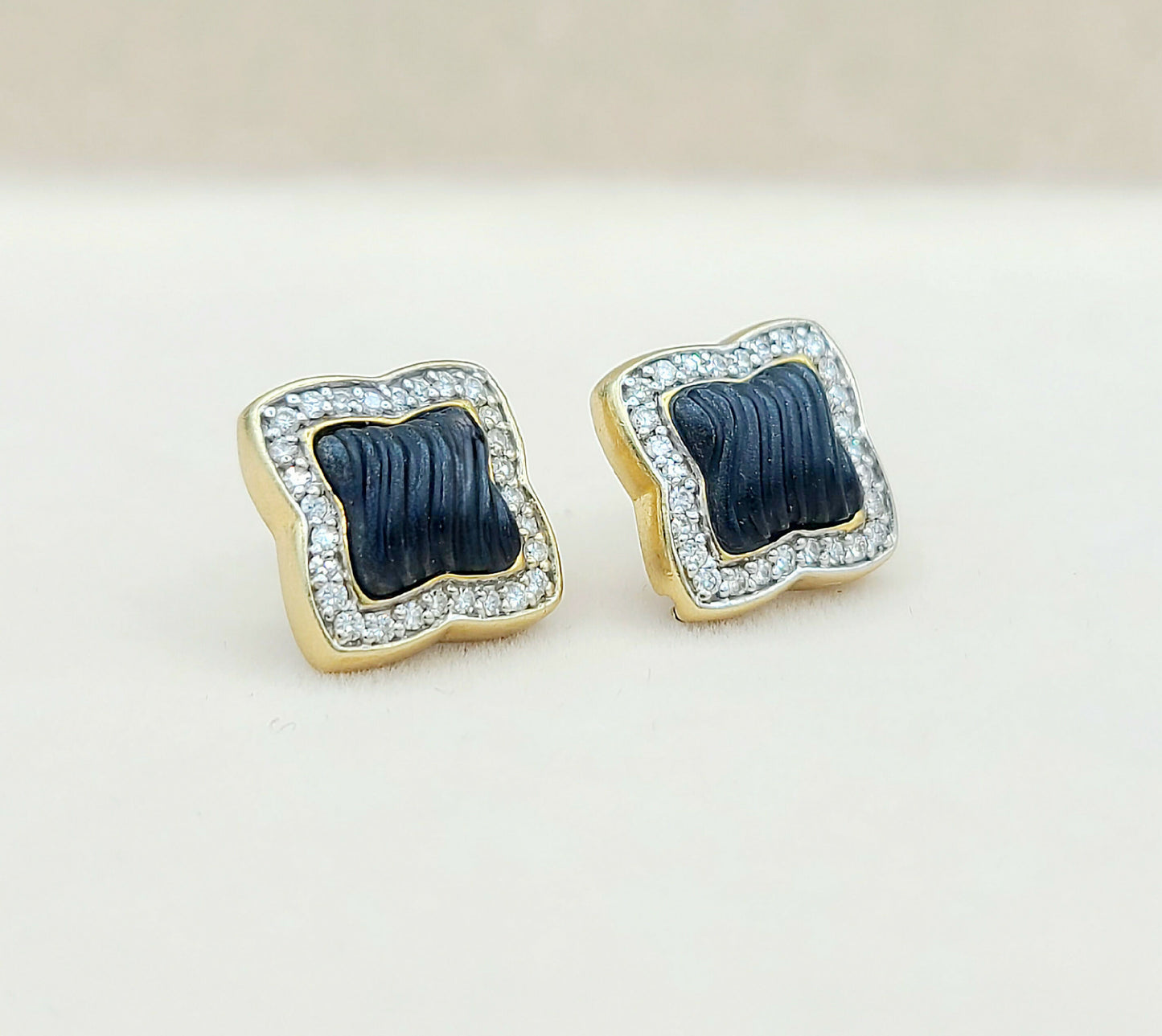 David Yurman Quatrefoil Carved Black Onyx Diamond Earrings in Solid 18k Gold