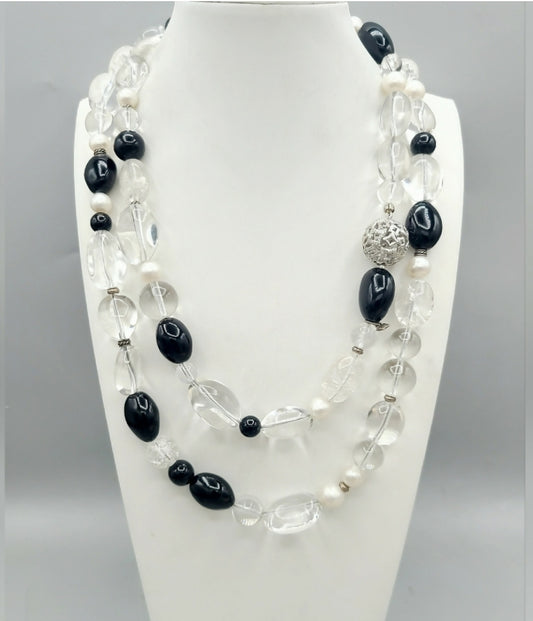 David Yurman Quatrefoil Diamond Bead Necklace With Black Onyx ,Crystal and Pearl