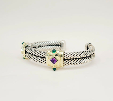  David Yurman Renaissance Amethyst Green Onyx Gold Double Cable Station Bracelet