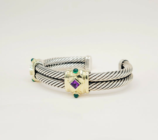  David Yurman Renaissance Amethyst Green Onyx Gold Double Cable Station Bracelet