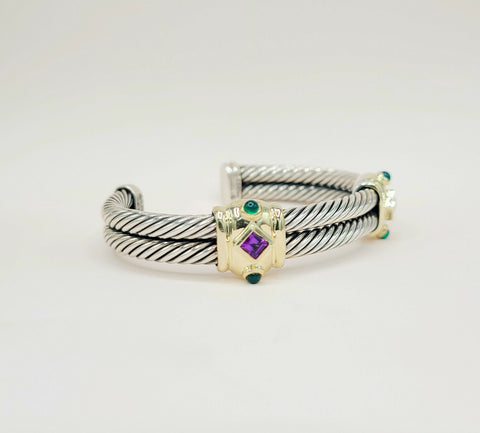  David Yurman Renaissance Amethyst Green Onyx Gold Double Cable Station Bracelet