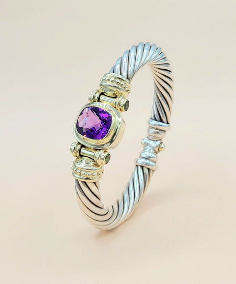  David Yurman Renaissance Amethyst Peridot Sterling Silver Gold Bracelet, 10mm