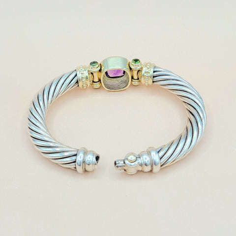  David Yurman Renaissance Amethyst Peridot Sterling Silver Gold Bracelet, 10mm