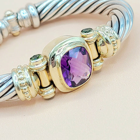  David Yurman Renaissance Amethyst Peridot Sterling Silver Gold Bracelet, 10mm