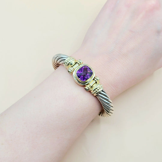  David Yurman Renaissance Amethyst Peridot Sterling Silver Gold Bracelet, 10mm