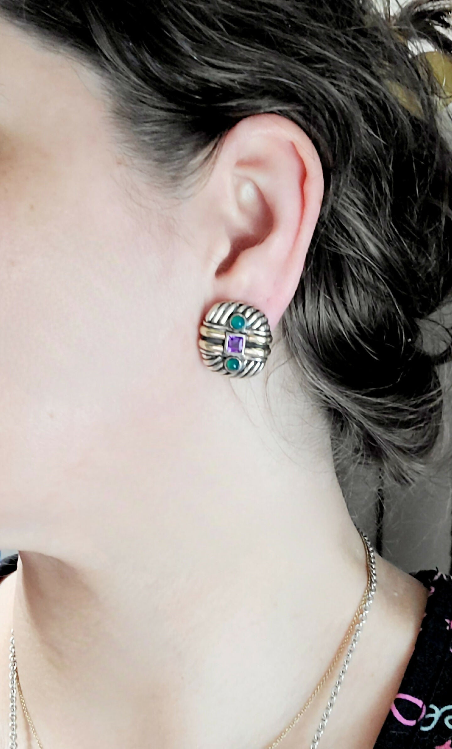 David Yurman Renaissance Earrings With Amethyst Green Onyx and Gold