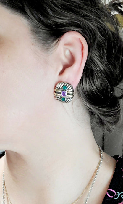 David Yurman Renaissance Earrings With Amethyst Green Onyx and Gold