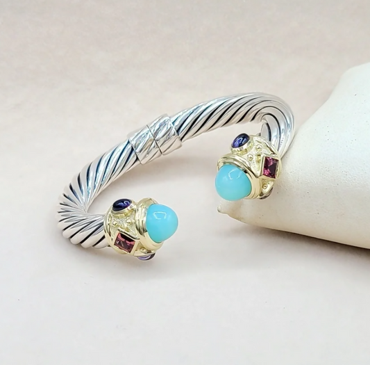 David Yurman Renaissance Peruvian Opal Pink Tourmaline Iolite Bracelet Sterling Silver 14K Gold 10mm Medium