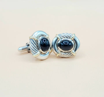  David Yurman Renaissance Silver Gold Black Onyx Cufflinks