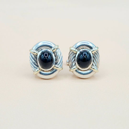  David Yurman Renaissance Silver Gold Black Onyx Cufflinks