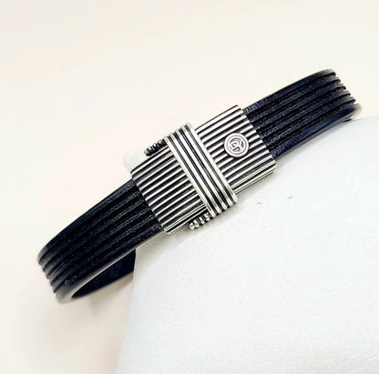David Yurman Royal Cord ID Bracelet Black Leather Sterling Silver 11.5mm Medium