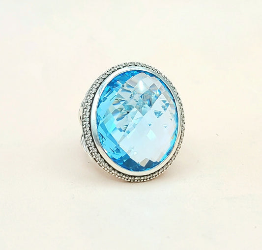 David Yurman Signature Oval Blue Topaz Ring With Diamonds